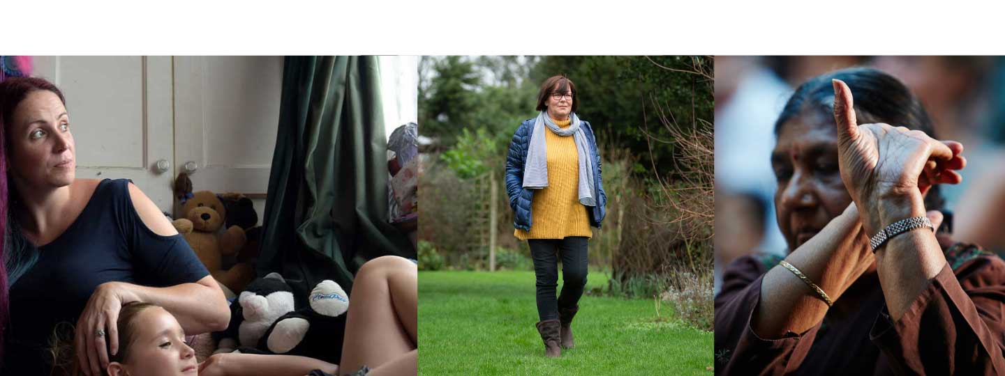 A mum comforting her daughter, a lady walking and a lady stretching her hand.
