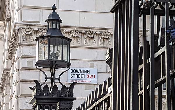 The gates and streetlight that leads to Downing Street