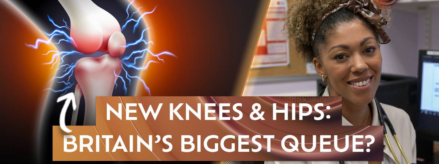 Dr Zoe Williams and text which reads 'New knees and hips: Britain's biggest queue?'